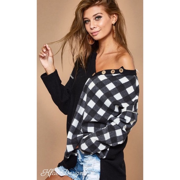 BiBi V-Neck Brushed Knit Dropped Shoulder Plaid Color Block PulloverTop Black - Picture 10 of 16